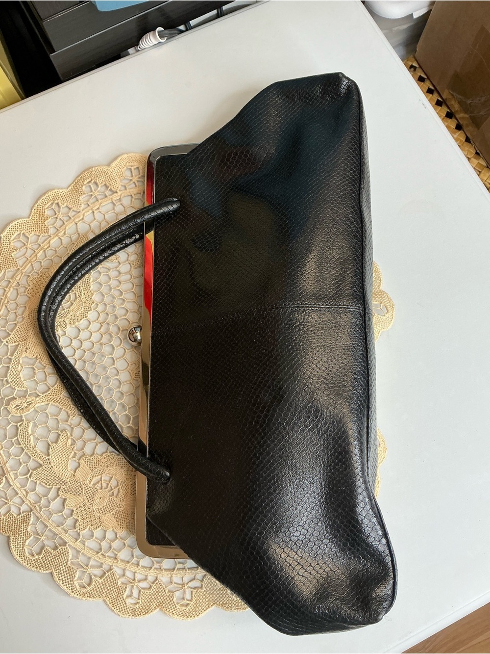 2404 -BANANA REPUBLIC Black Snakeskin Embossed Leather Framed Satchel Bag - Vint - Picture 3 of 16